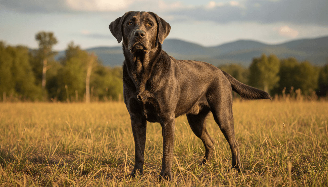 Full-body charcoal Labrador Retriever standing outdoors showing a standard Lab build and dilute black coat