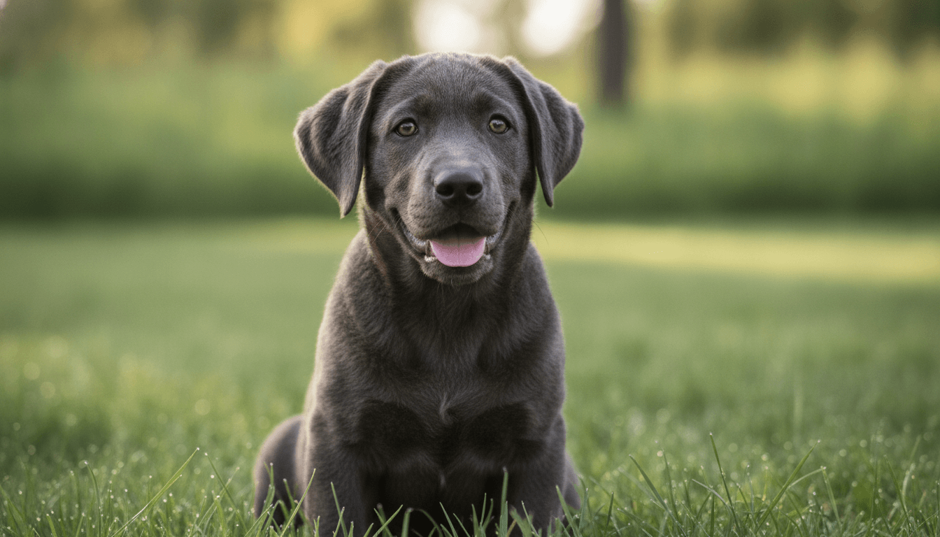 Charcoal Labrador puppy with a smoky dilute-black coat sitting on grass outdoors