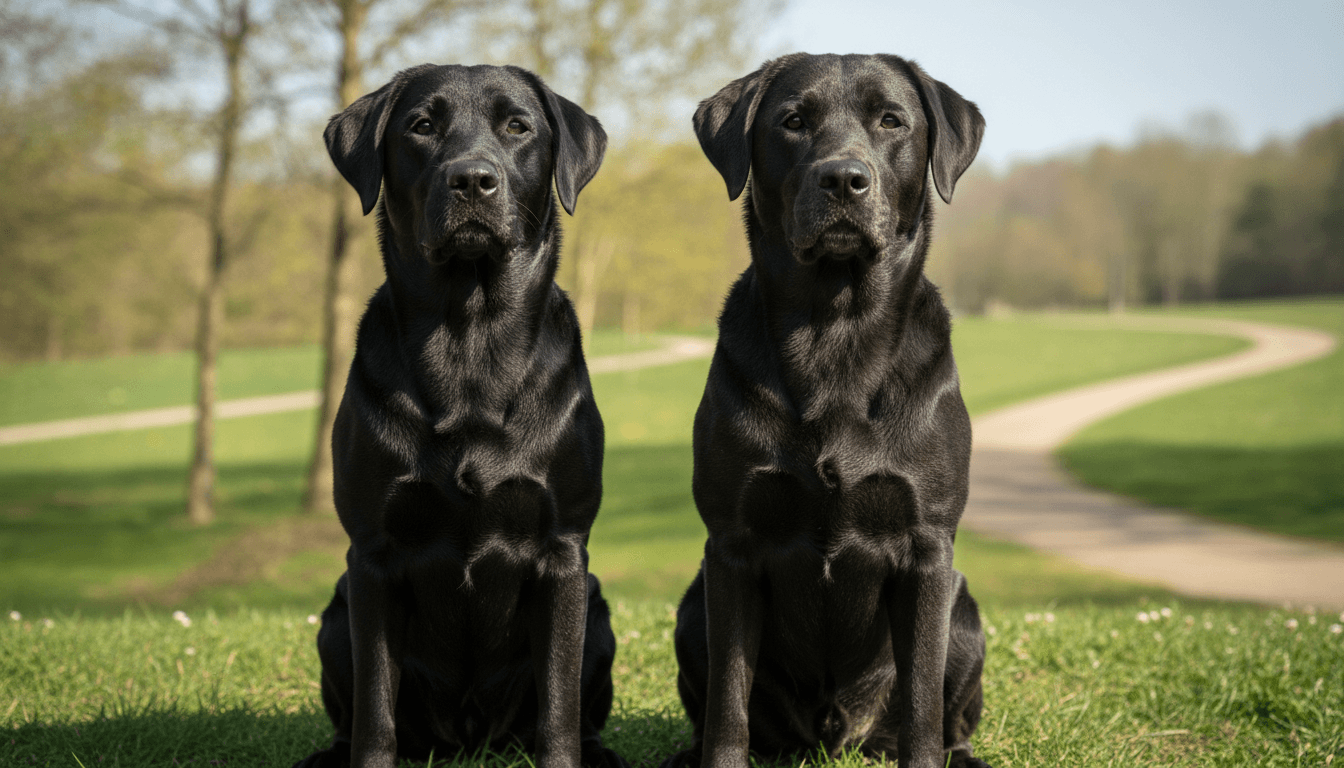 Black Labrador beside a charcoal Lab showing the diluted smoky coat versus solid black