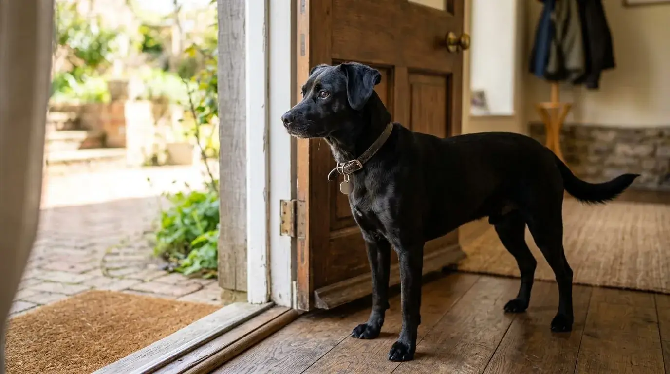Alert crossbred dog standing near a home doorway, ears up, watching the entrance