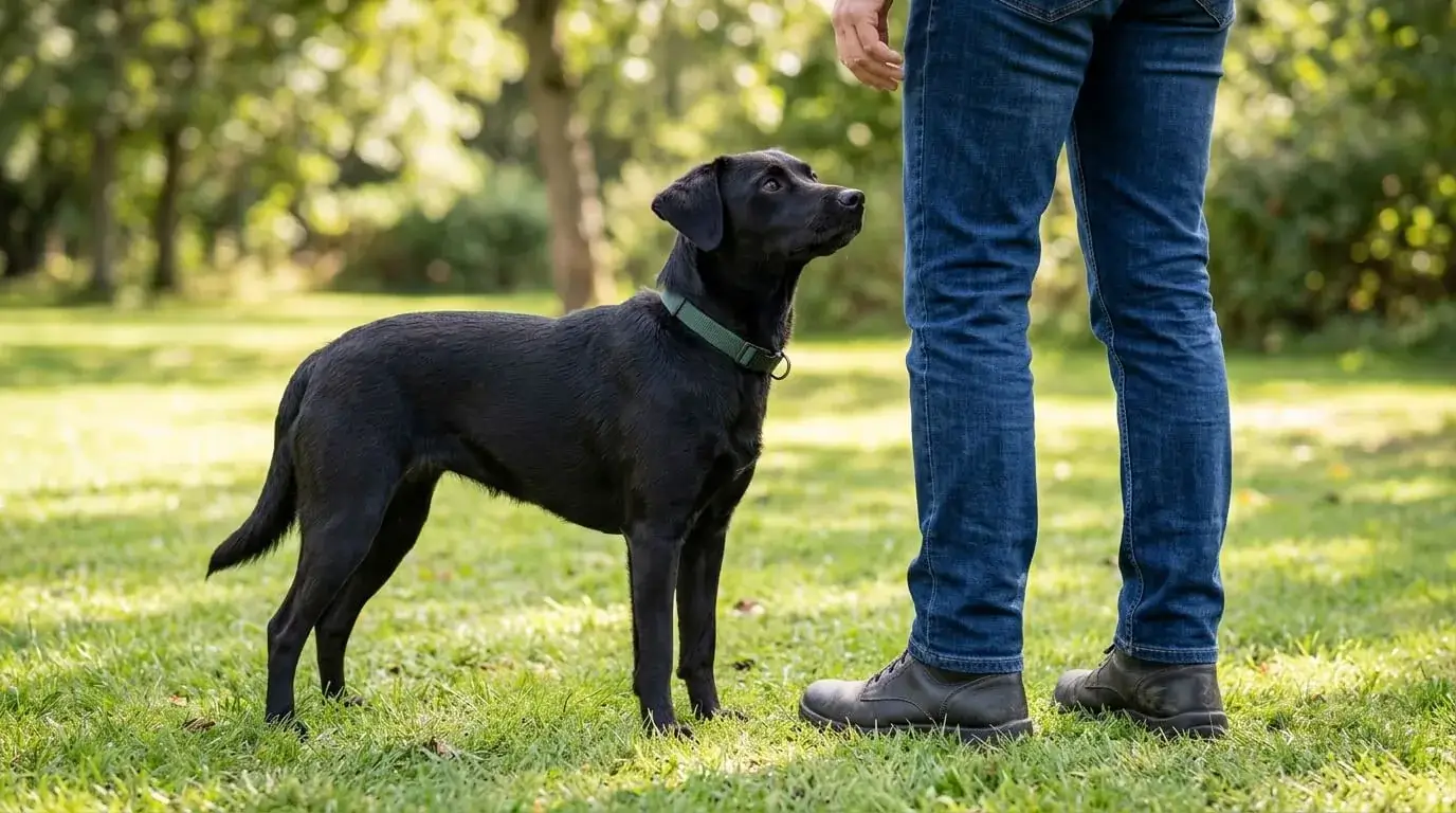 Small-to-medium crossbred dog standing beside a person's legs on grass so the adult size is clear
