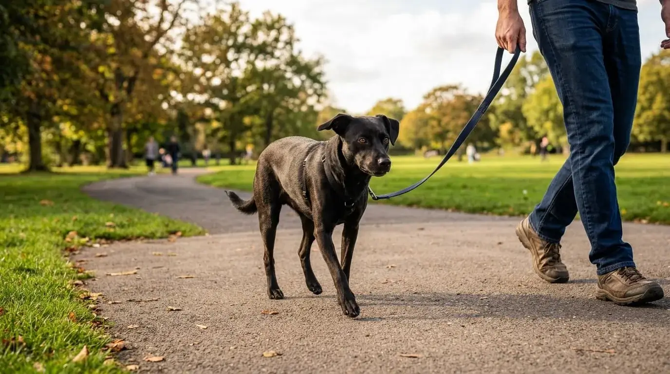 Crossbred dog walking on a flat sidewalk beside a person, with no jumps