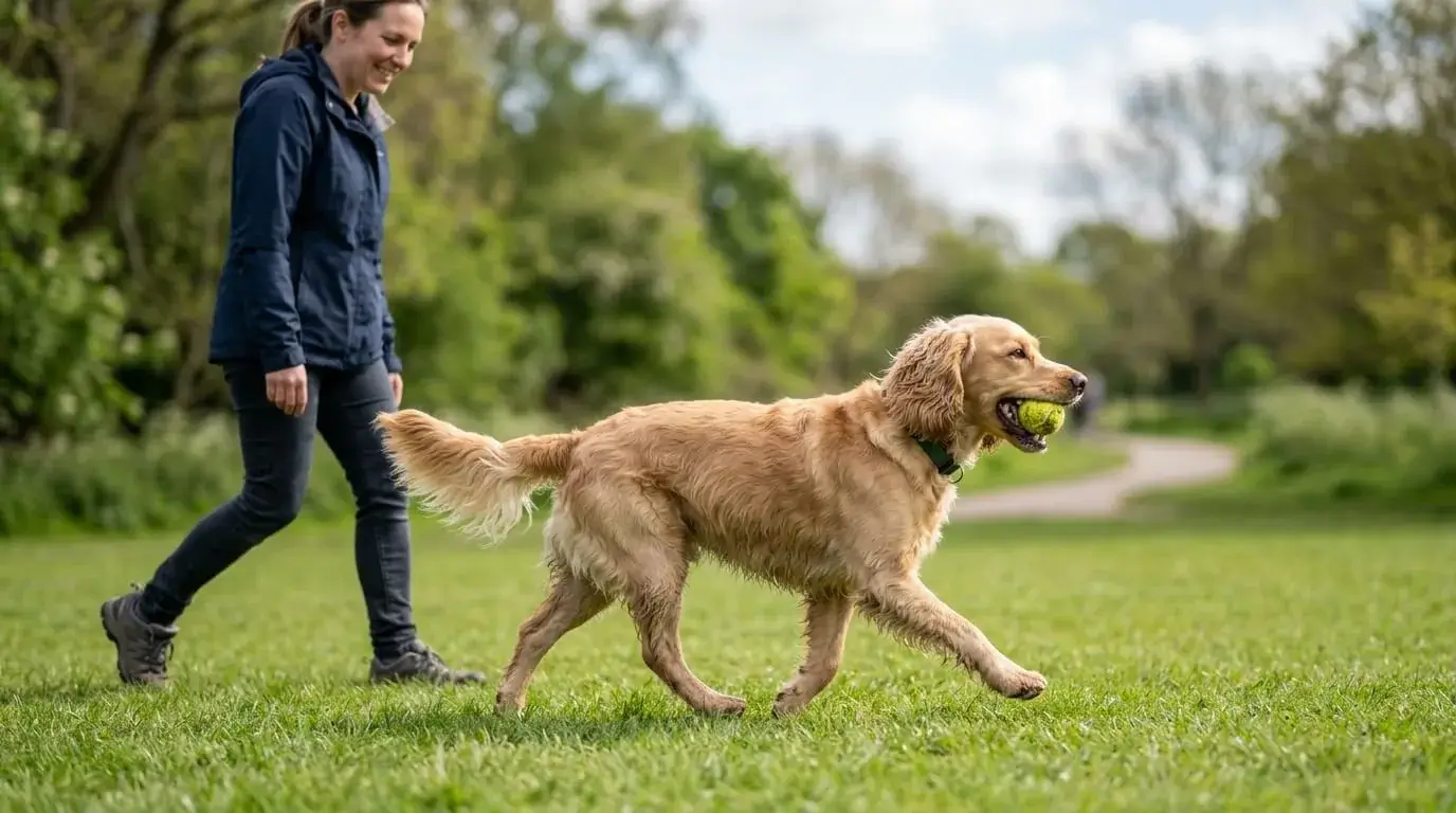 Crossbred dog carrying a ball across a flat lawn beside a person