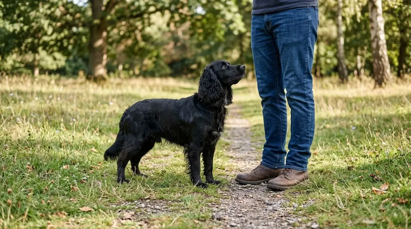 Medium crossbred dog standing beside a person's legs on grass so the adult size is clear