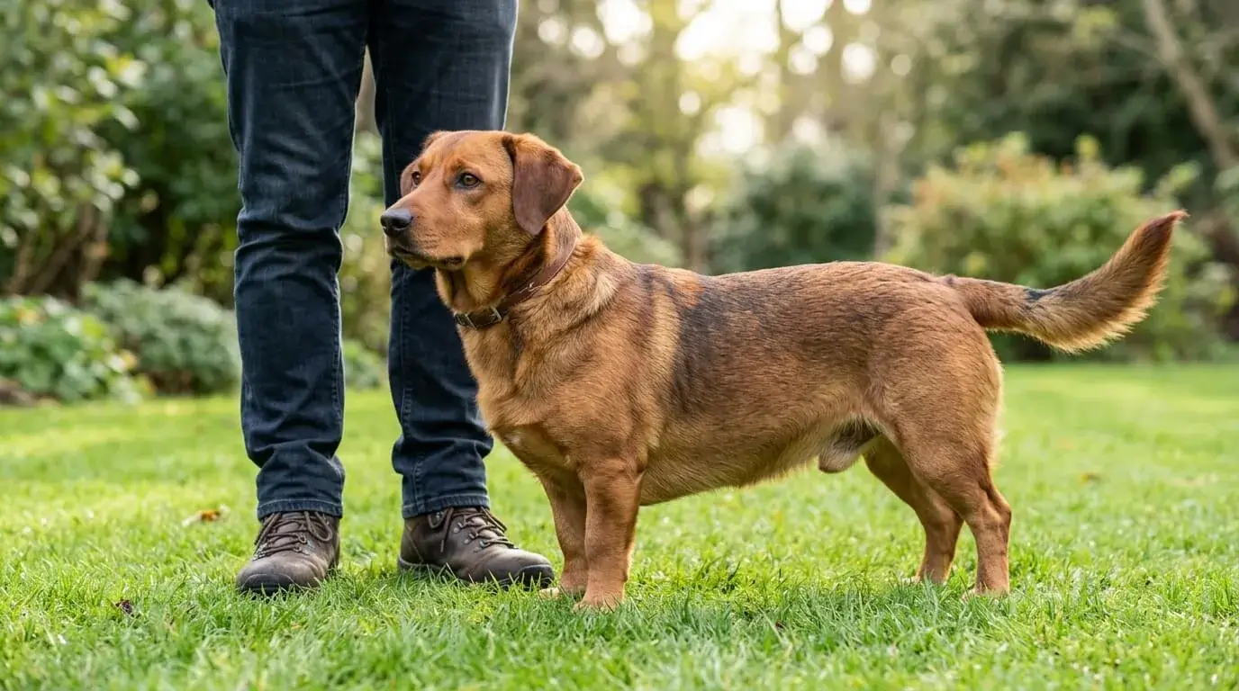 Medium-small crossbred dog standing beside a person's legs on grass so the adult size is clear