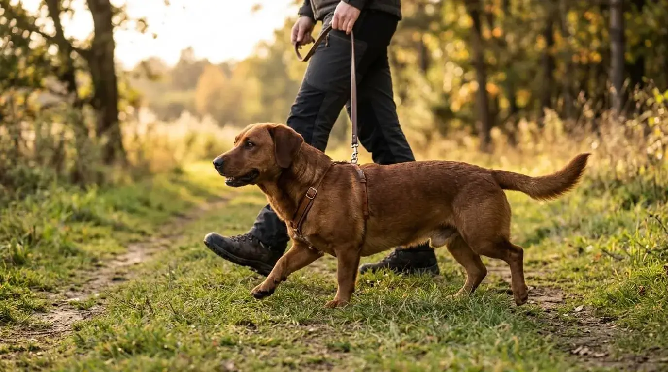 Crossbred dog walking on flat grass beside a person, with no jumps or stairs