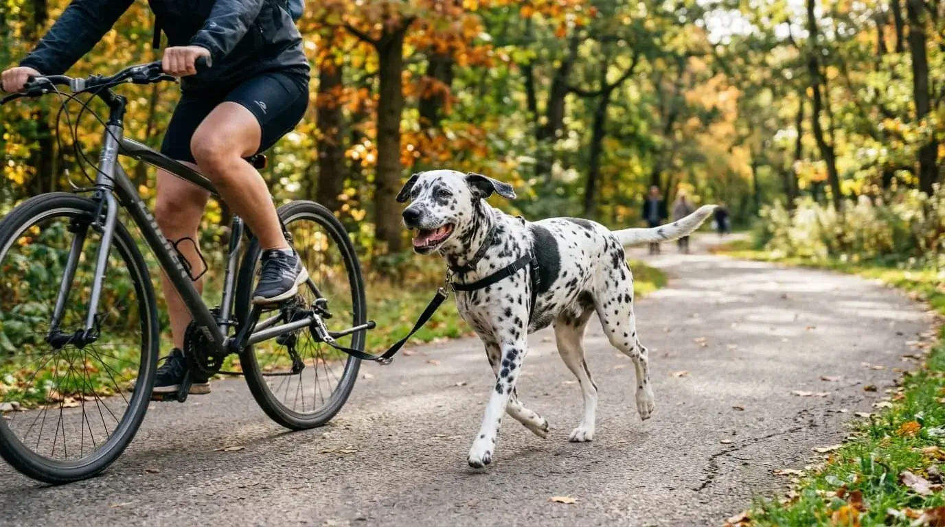 Athletic spotted crossbred dog running beside a cyclist on a paved trail