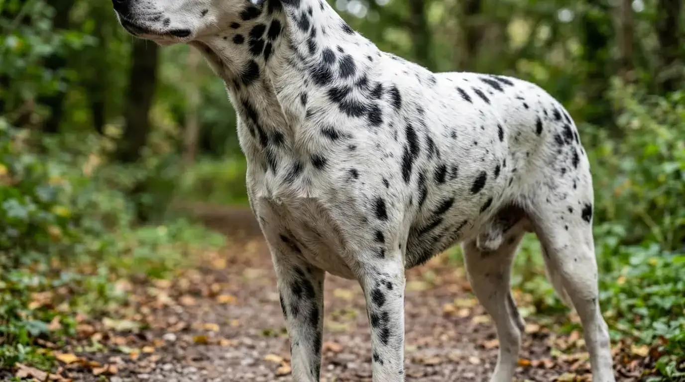 Close view of a short white coat with irregular black patches and fine ticking on a dog's side