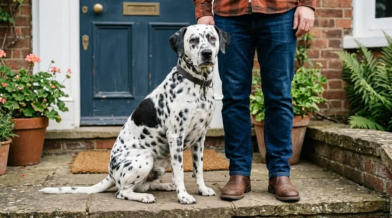 Spotted crossbred dog sitting beside an adult's legs on a front step so the size is clear