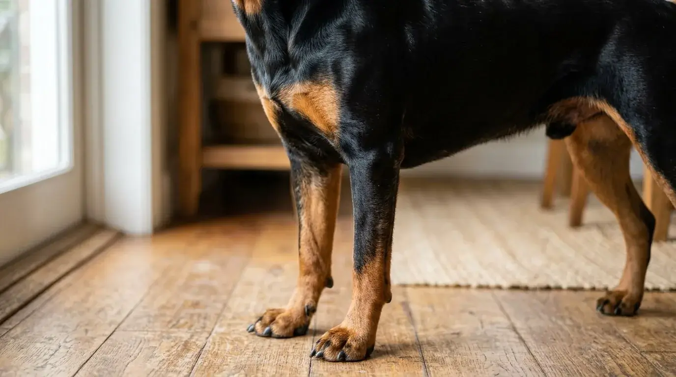 Close view of a short glossy black coat with tan markings on a large dog's legs and shoulder