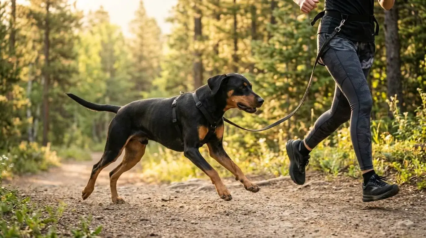 Athletic black-and-tan crossbred dog running beside a person on a dirt trail at sunrise