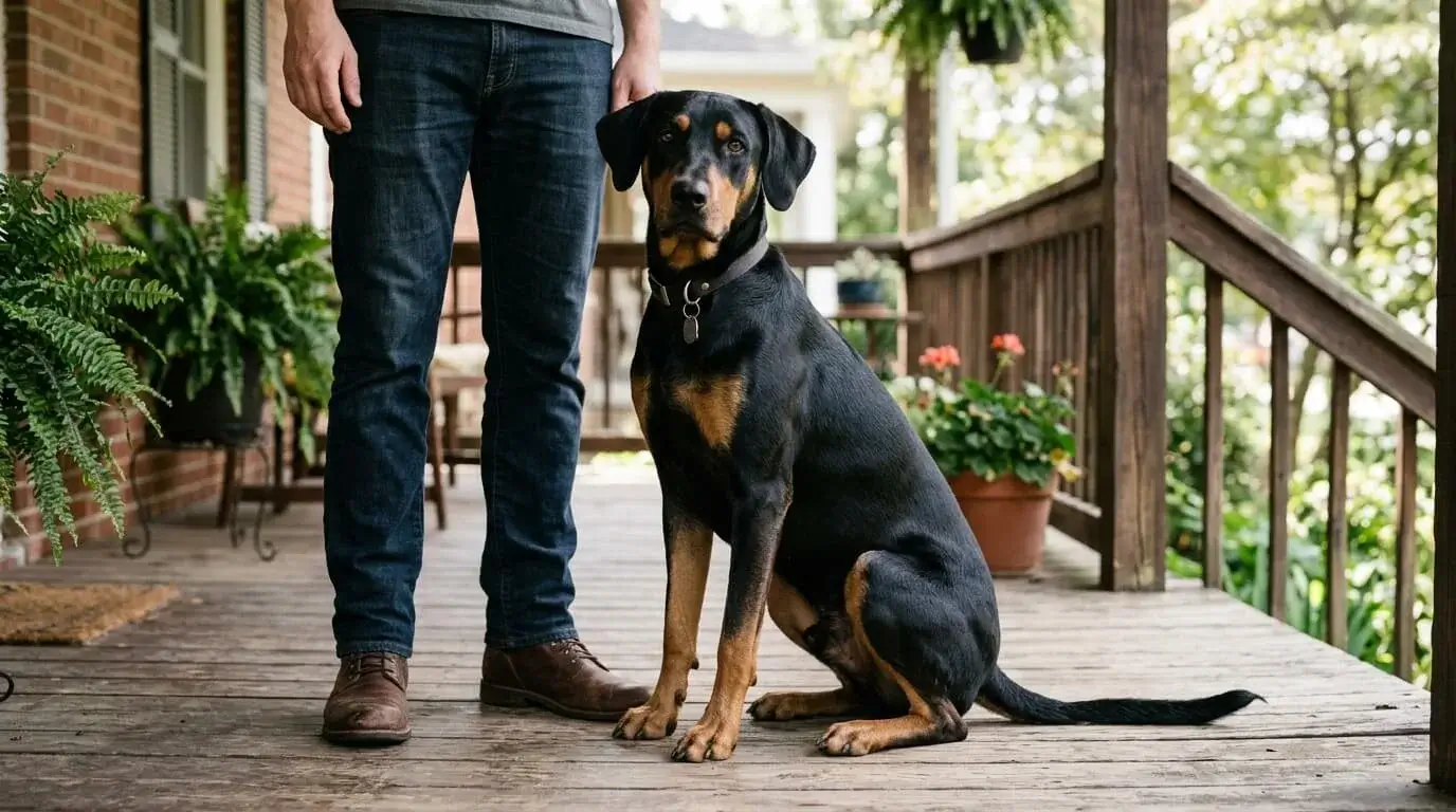 Large black crossbred dog sitting beside a person's legs on a porch so the adult size is clear