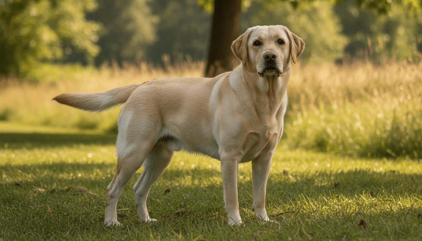 Full-body Dudley Labrador standing outdoors showing a normal Labrador build with a pink nose