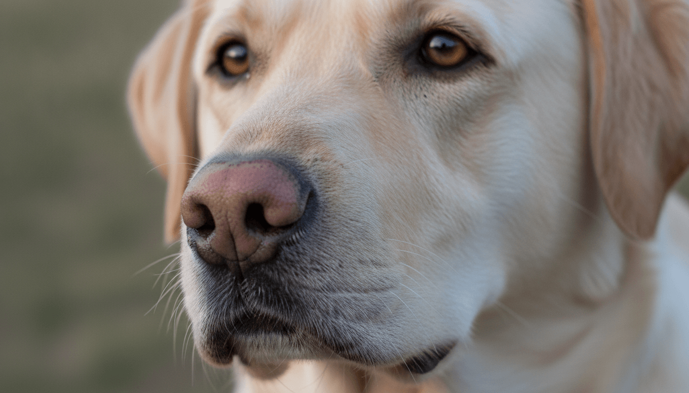Close-up of a Dudley Labrador muzzle and eyes with pale rims and a pink nose