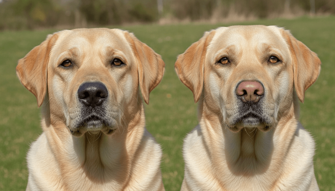 Comparison of a black-nosed yellow Labrador beside a pink-nosed Dudley Labrador showing the pigment difference