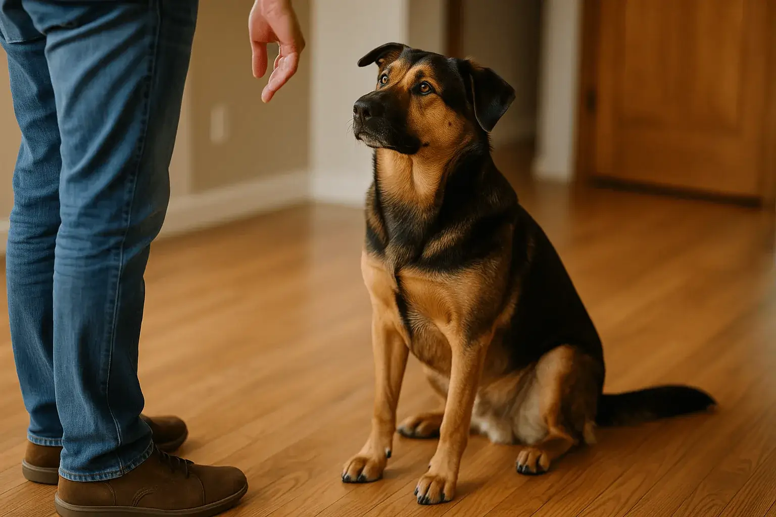 German Shepherd Lab mix sitting attentively during training with its owner indoors