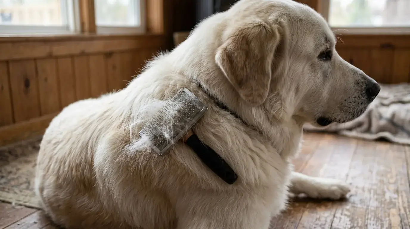 Close view of a thick white double coat with loose undercoat and a slicker brush resting in the fur