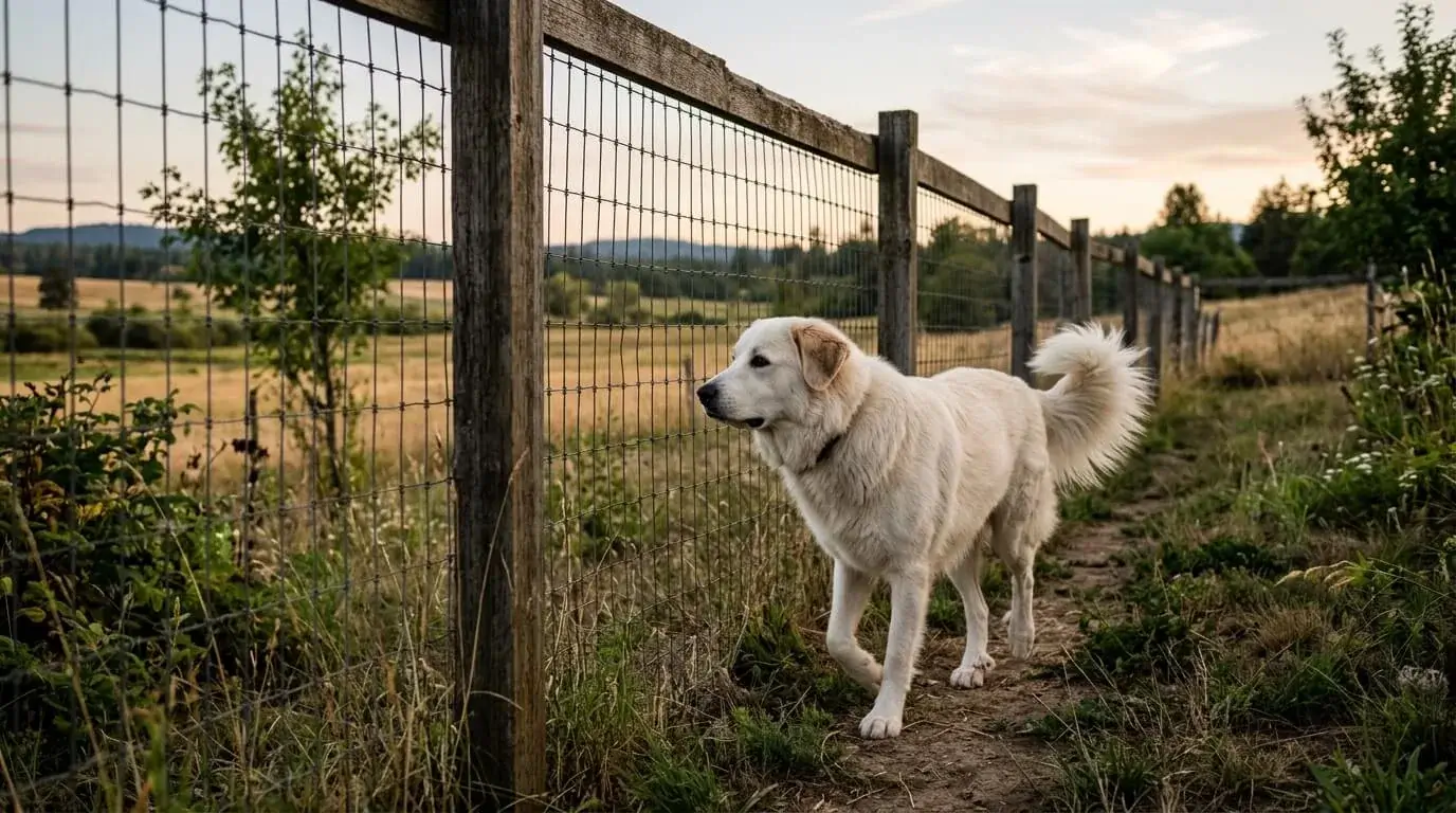 Large cream-coated dog patrolling the fence line of a rural yard at dusk