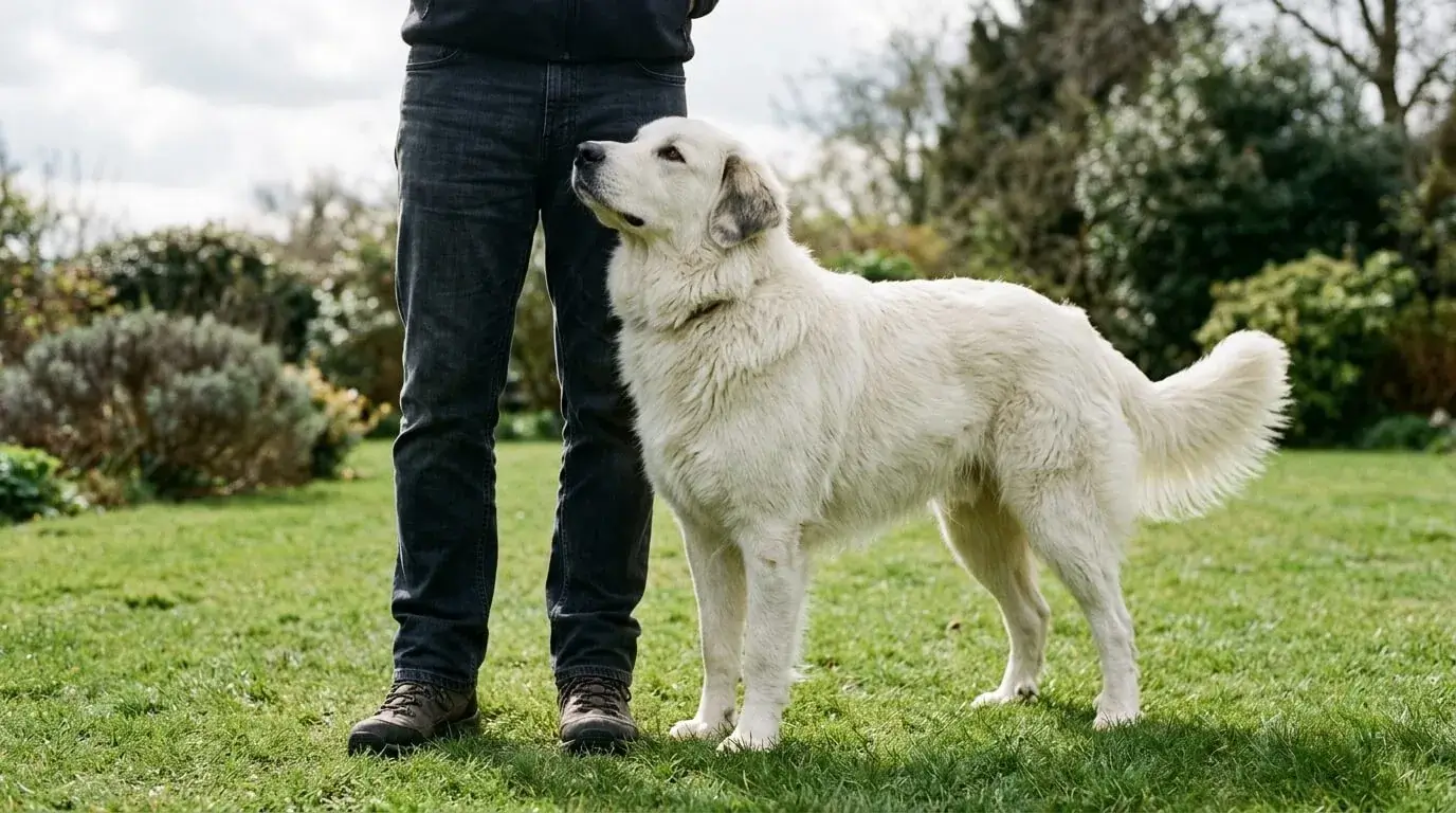 Large cream-coated crossbred dog standing beside a person's legs on grass so the adult size is clear