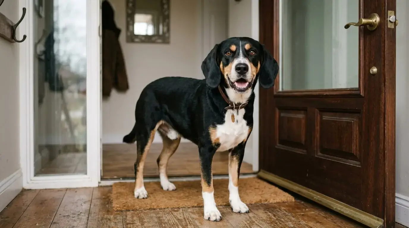 Crossbred dog with long ears standing at a front door, alert and vocal