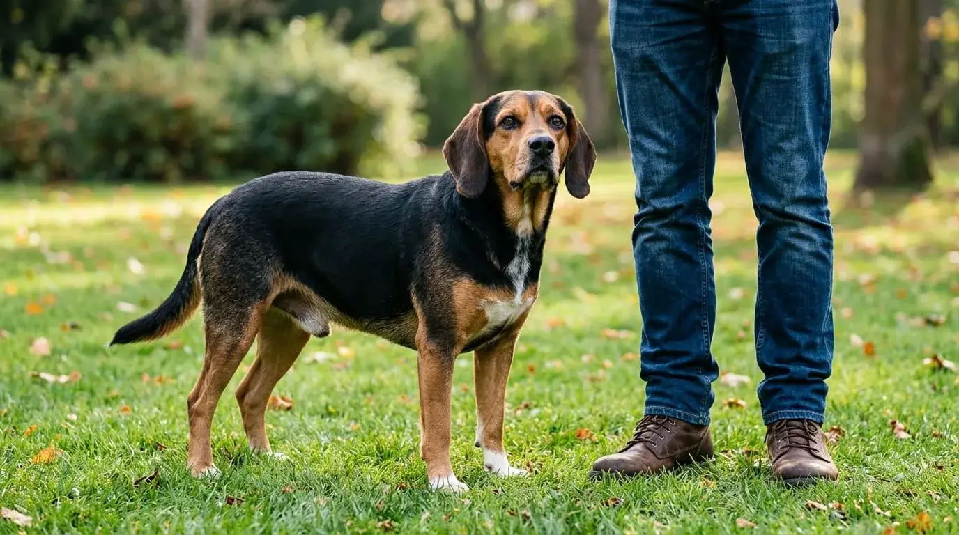 Medium crossbred dog standing beside a person's legs on grass so the adult size is clear