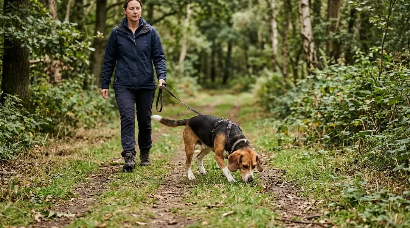 Crossbred dog tracking a scent on flat grass beside a person, nose down