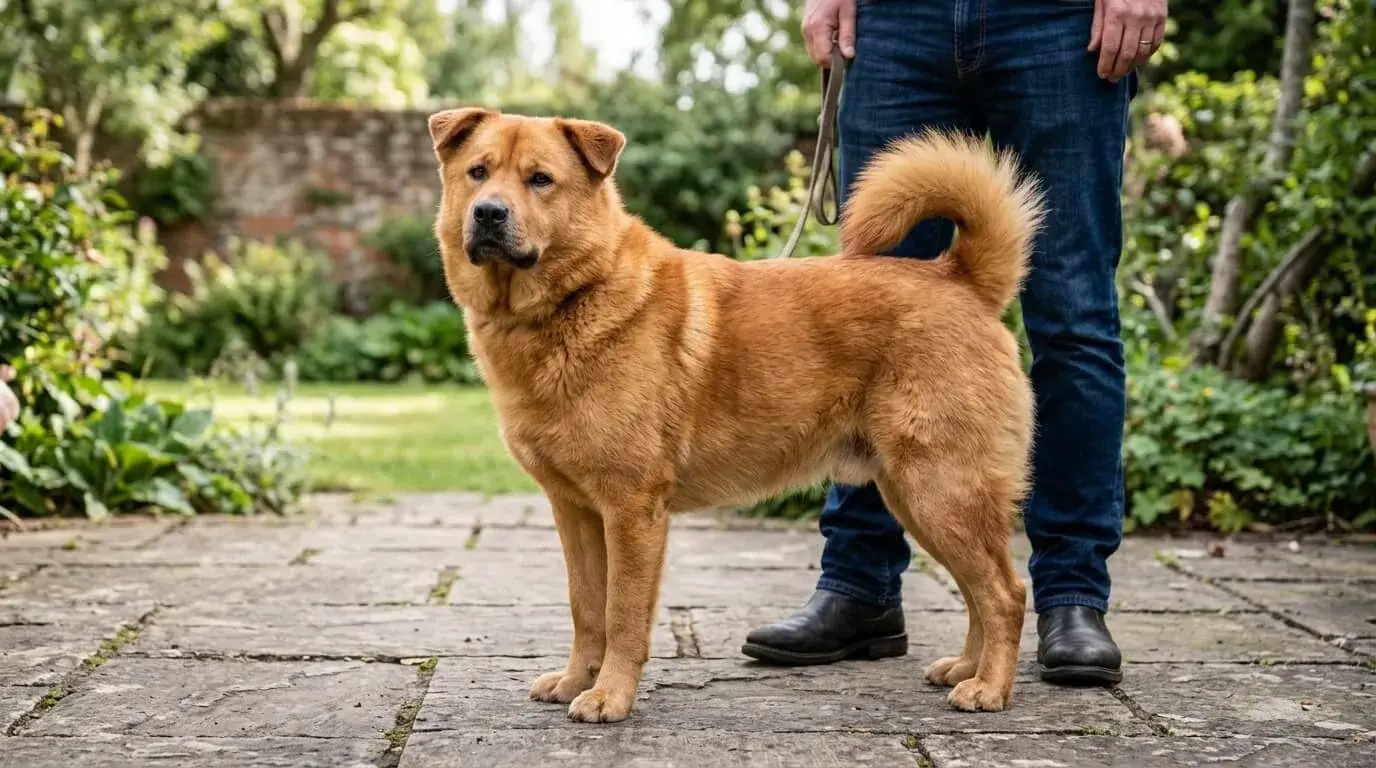 Stocky thick-coated crossbred dog standing beside an adult's legs on a patio for size