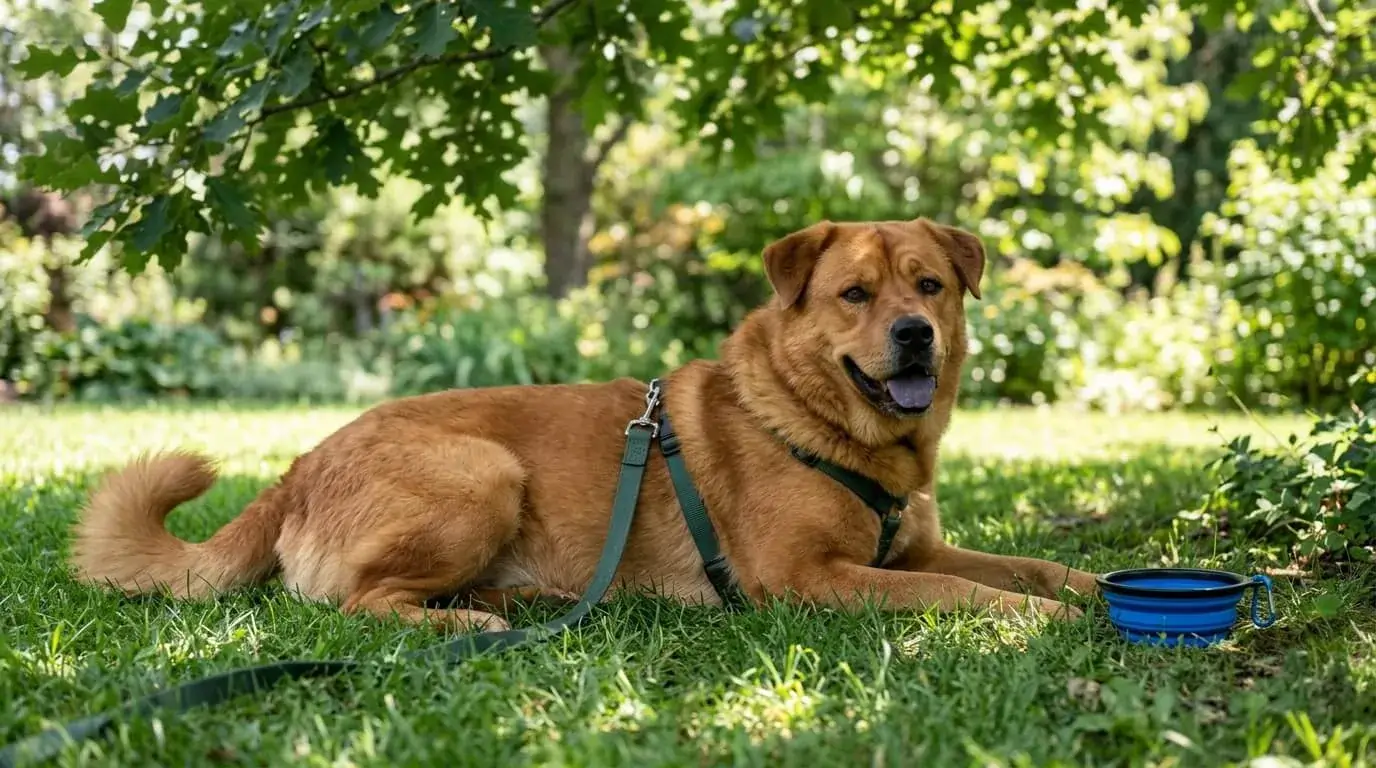 Stocky thick-coated dog resting in the shade on a summer walk with a water bowl nearby