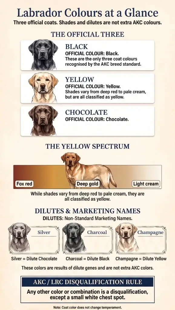 labrador colors at a glance infographic: official black yellow chocolate coats, fox red to cream yellow spectrum, silver charcoal champagne dilutes, AKC LRC disqualification rule