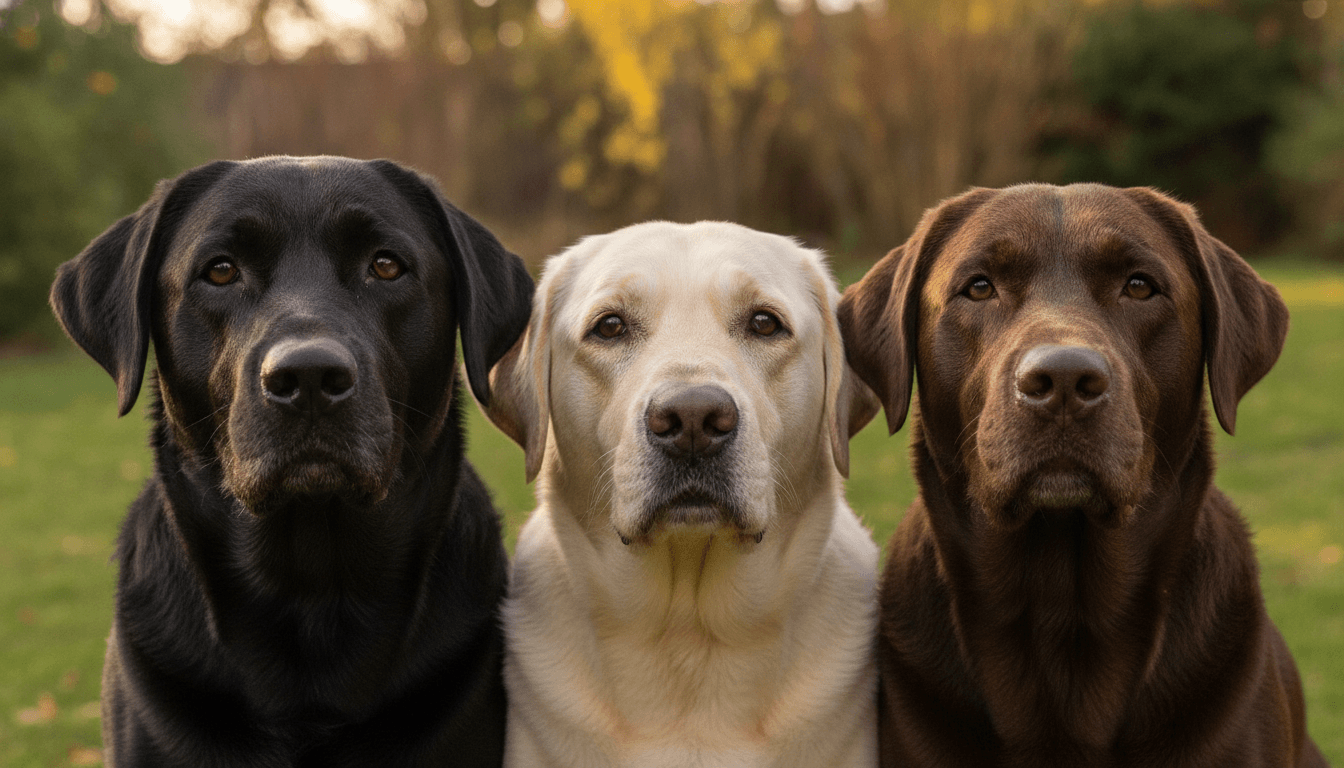 Black, yellow, and chocolate Labrador heads showing the three standard labrador colors