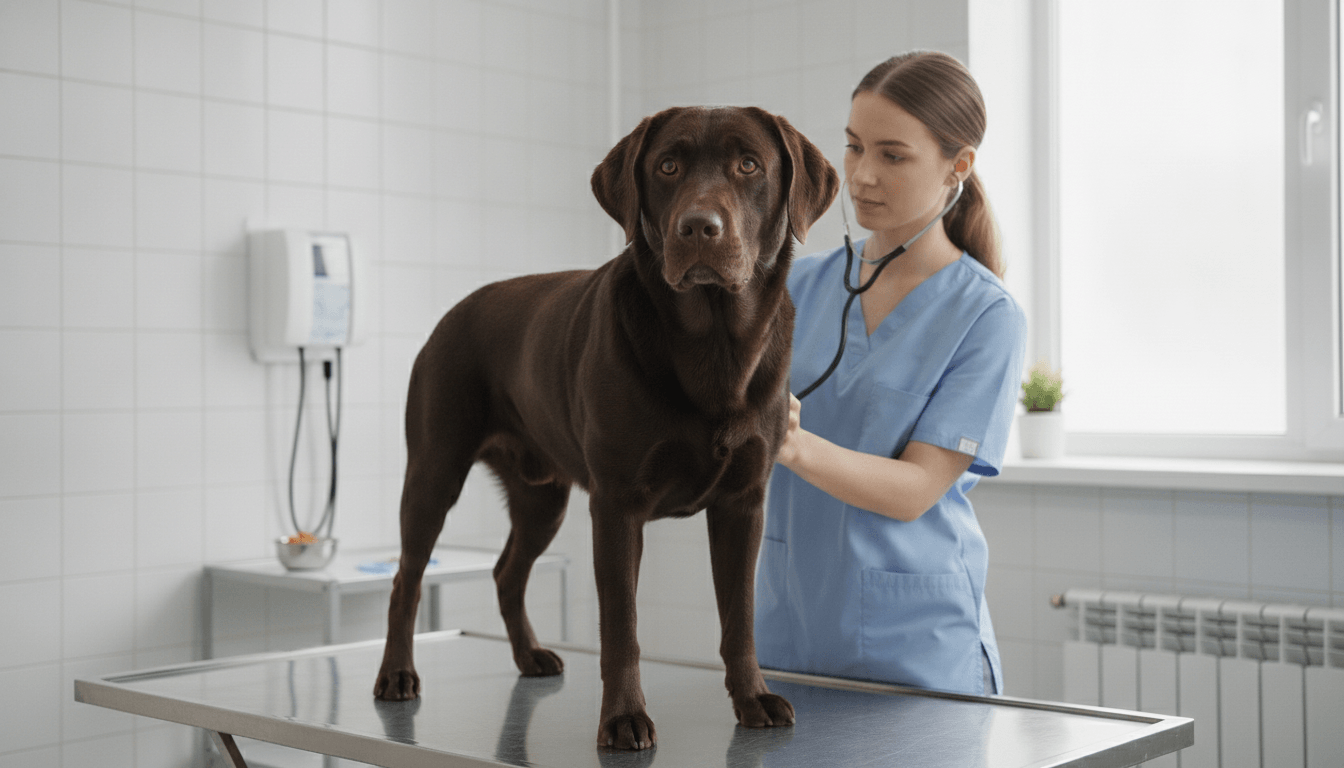 Healthy chocolate Labrador on a vet exam table during a routine checkup