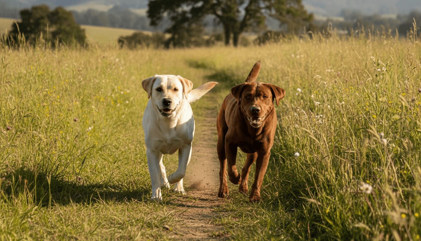 Pale cream yellow Labrador beside a fox-red yellow Labrador on grass