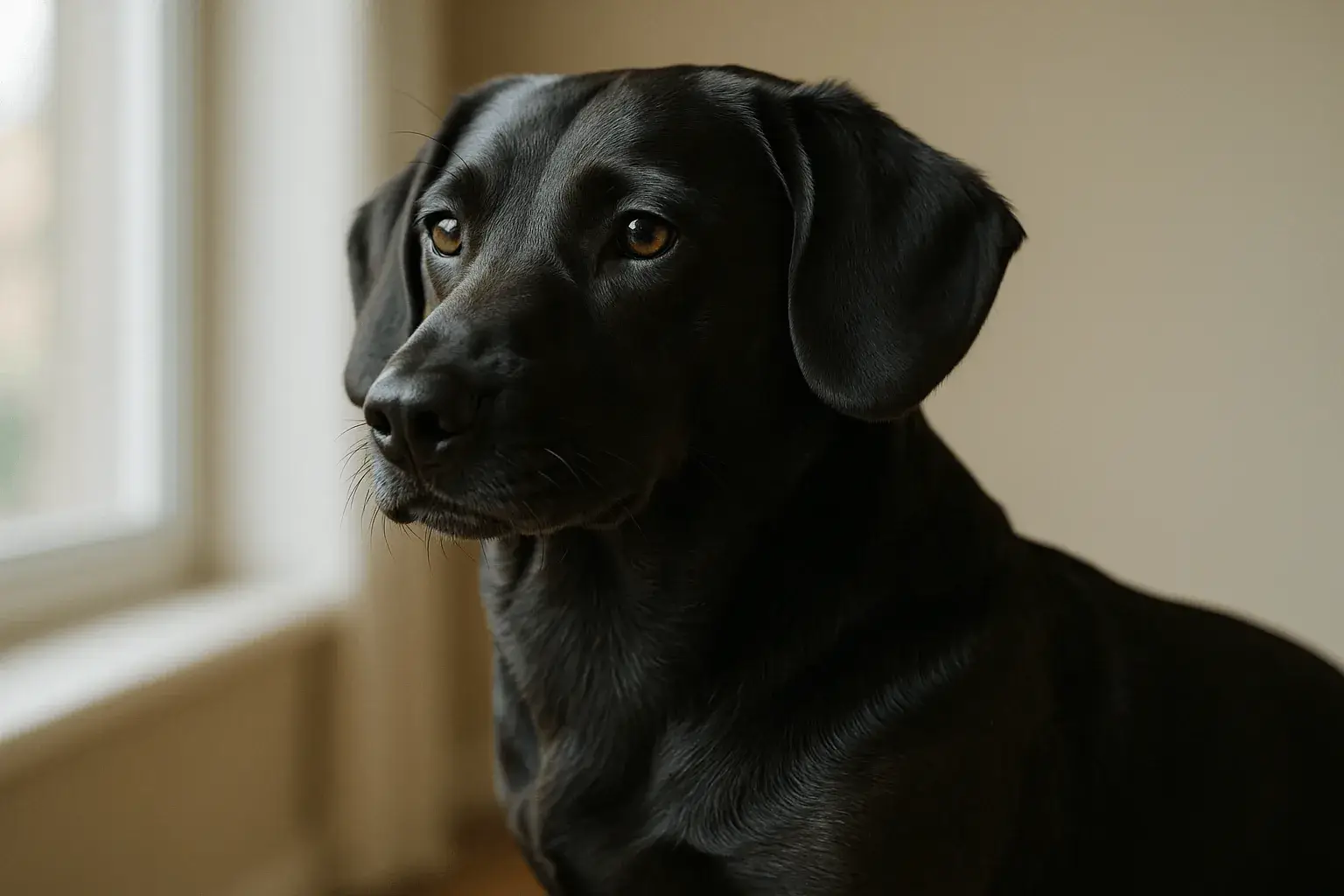 Close view of a short dense coat on a Labrador and Dachshund cross, shoulder and neck