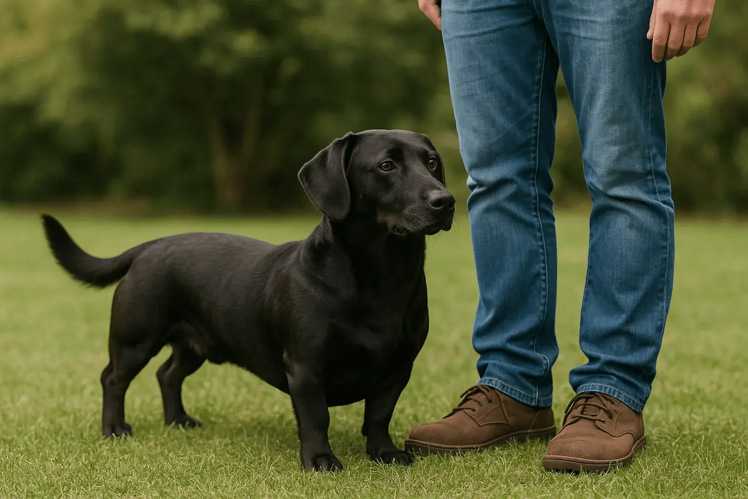 Medium-small crossbred dog standing beside a person's legs on grass so the adult size is clear