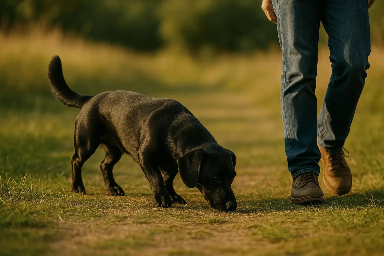 Crossbred dog tracking a scent on flat grass beside a person, with no jumps or stairs