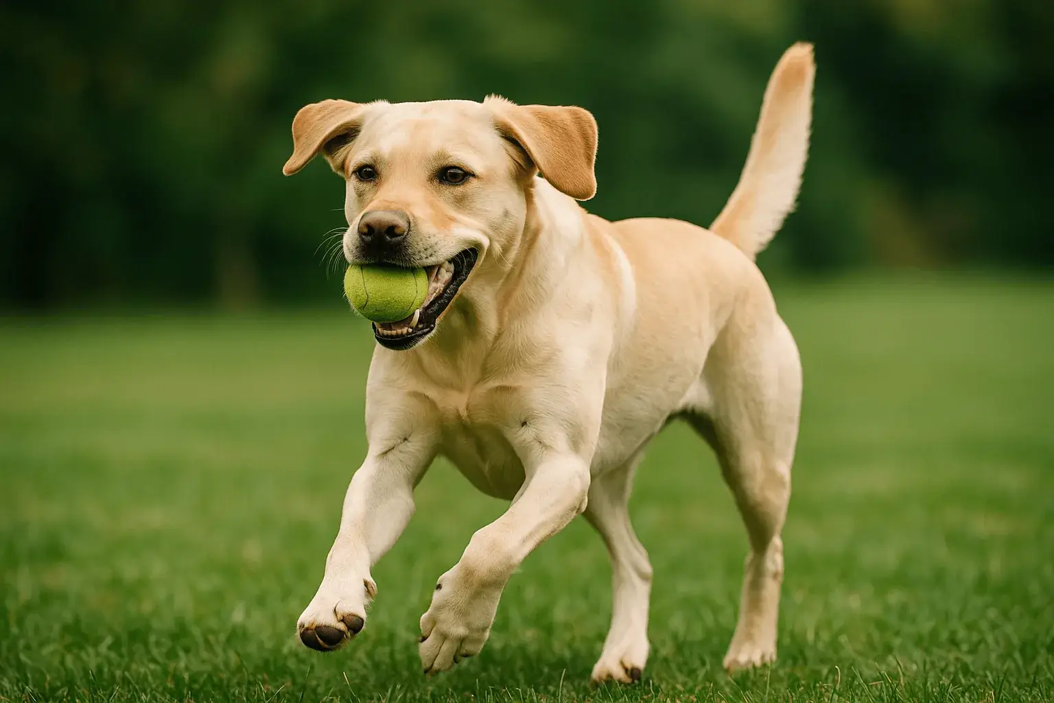 Yellow Labrador retrieving a ball on a grassy field — daily Labrador exercise