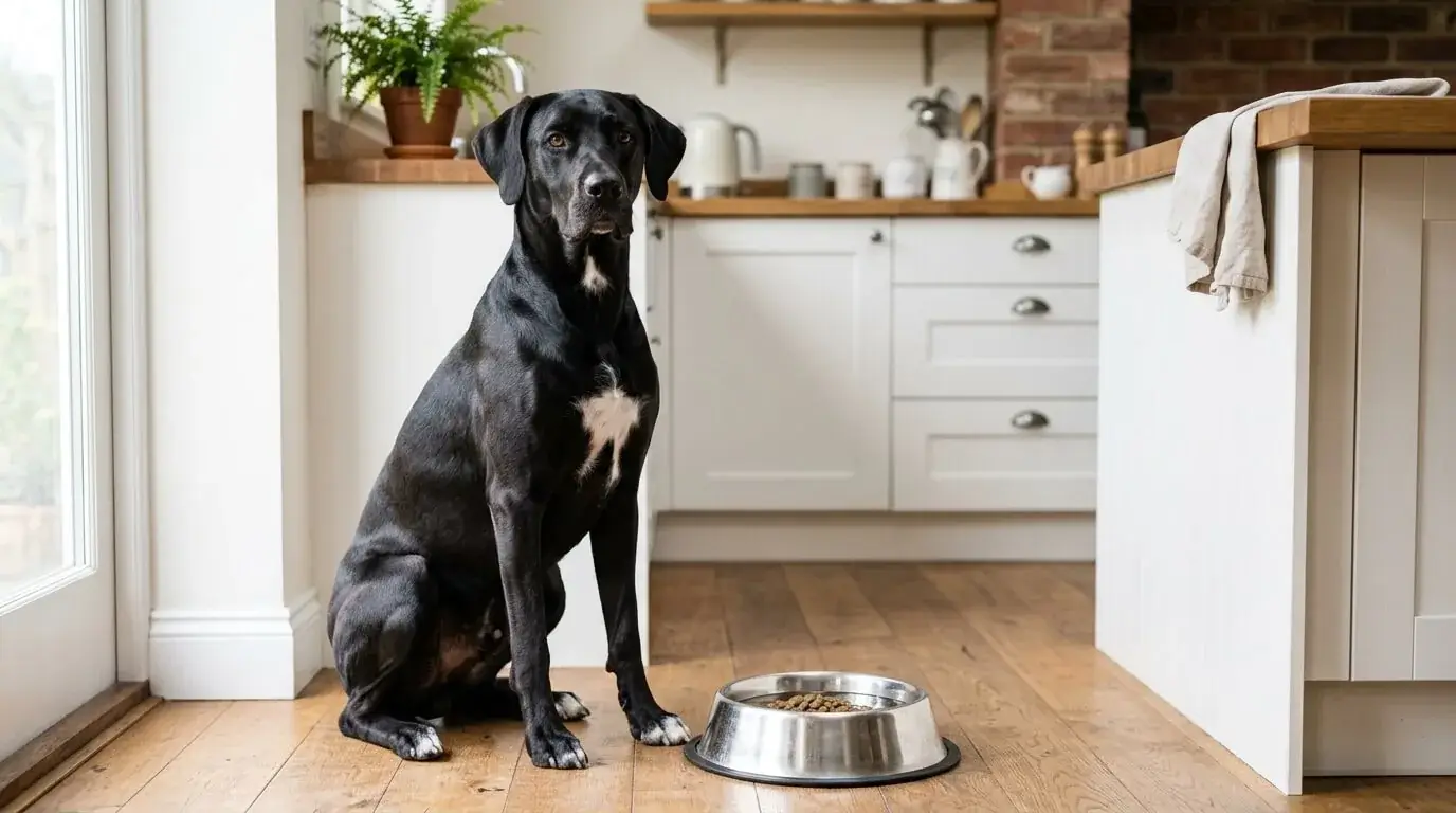 Large crossbred dog sitting beside a food bowl on a kitchen floor