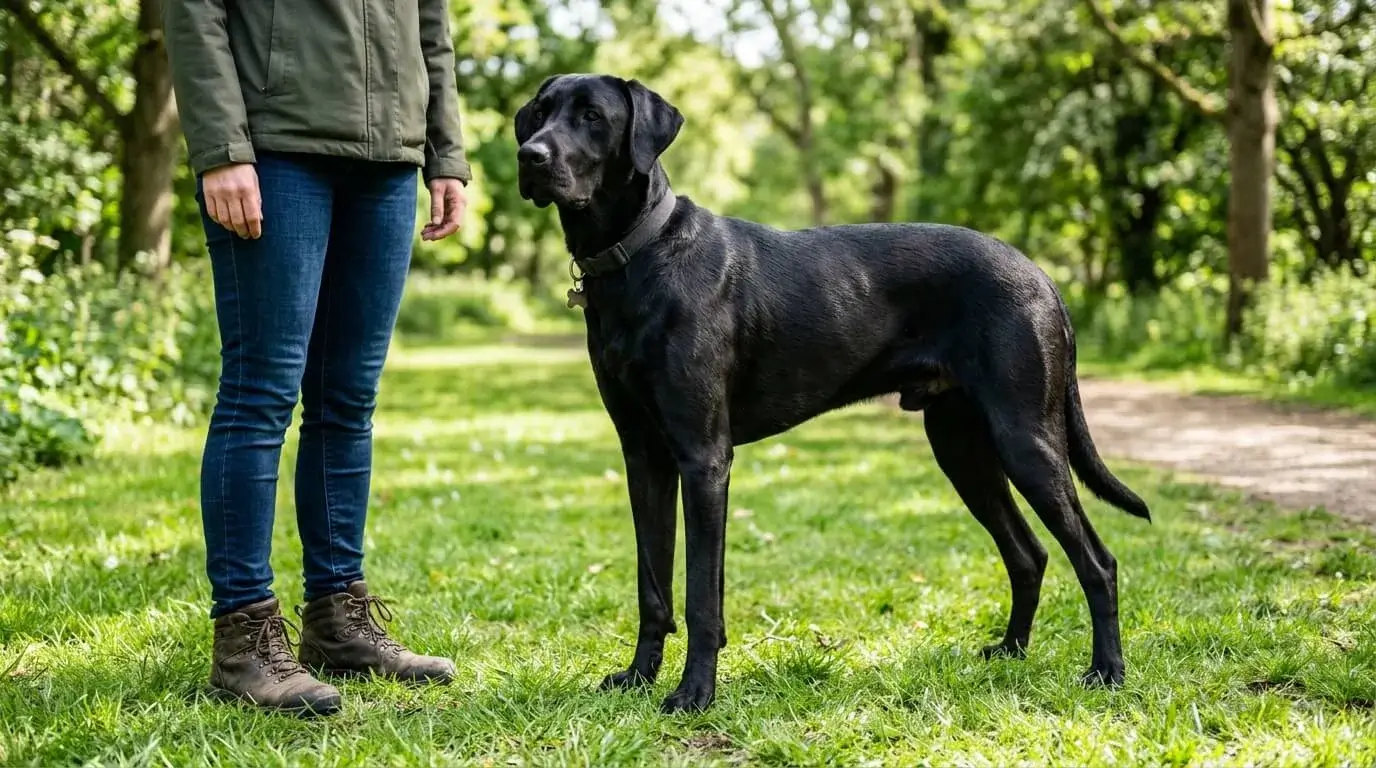 Very tall crossbred dog standing beside a person's legs so the adult height is clear