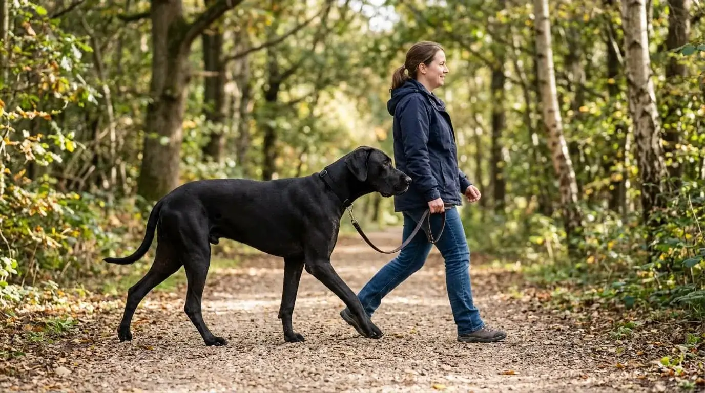 Tall crossbred dog walking slowly on a flat path beside a person