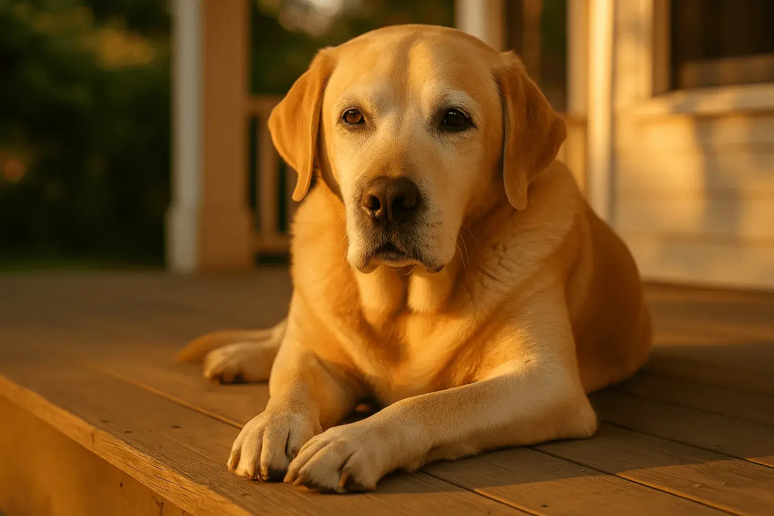 Senior yellow Labrador with gray muzzle resting calmly outdoors