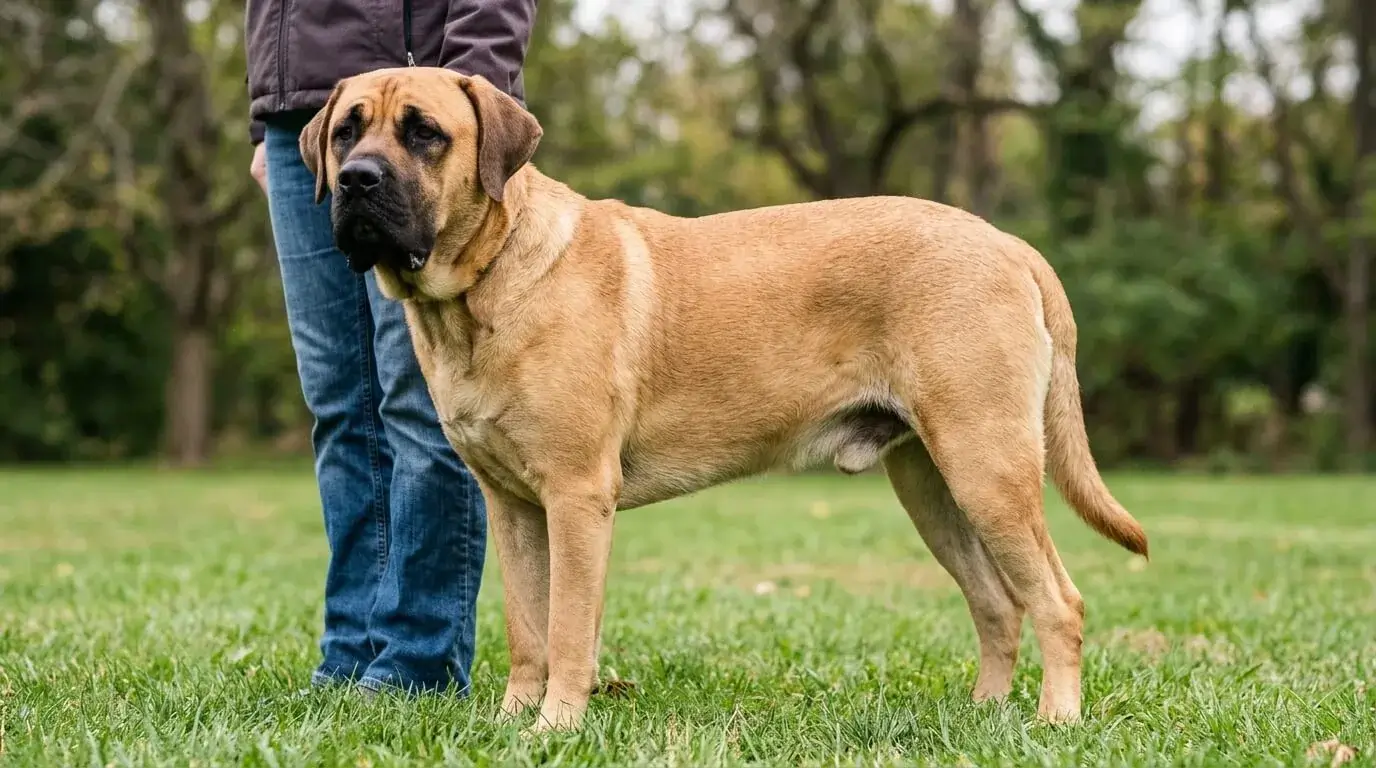 Very large crossbred dog standing beside a person's legs so the adult size is clear