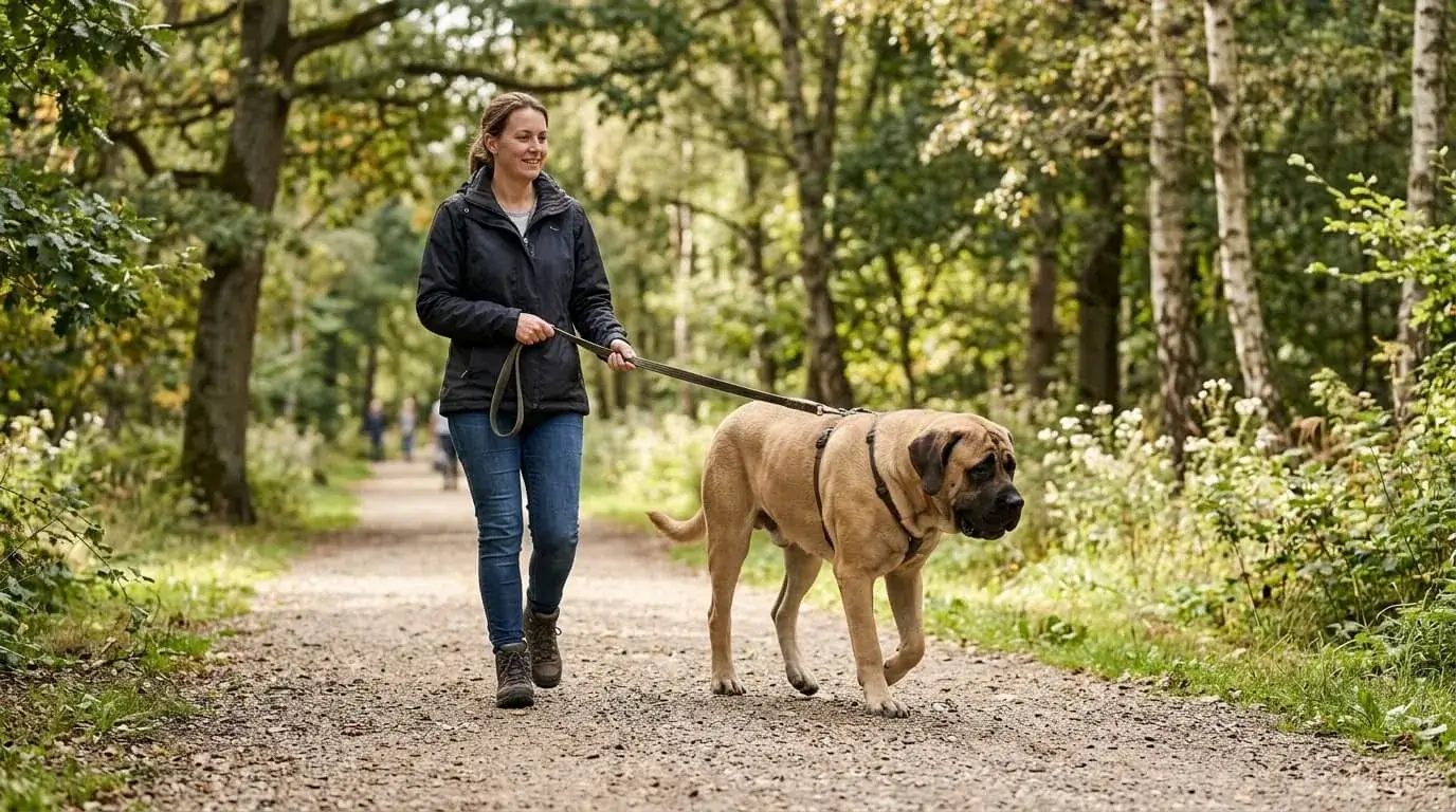 Large crossbred dog walking slowly on a flat path beside a person
