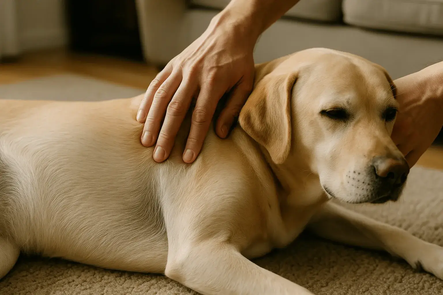 Owner gently checking a yellow Labrador's coat and skin along the back