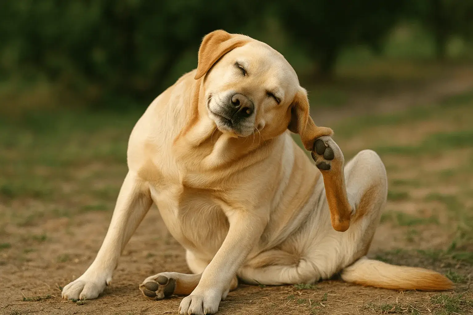 Yellow Labrador scratching behind its ear — common itchy-skin moment