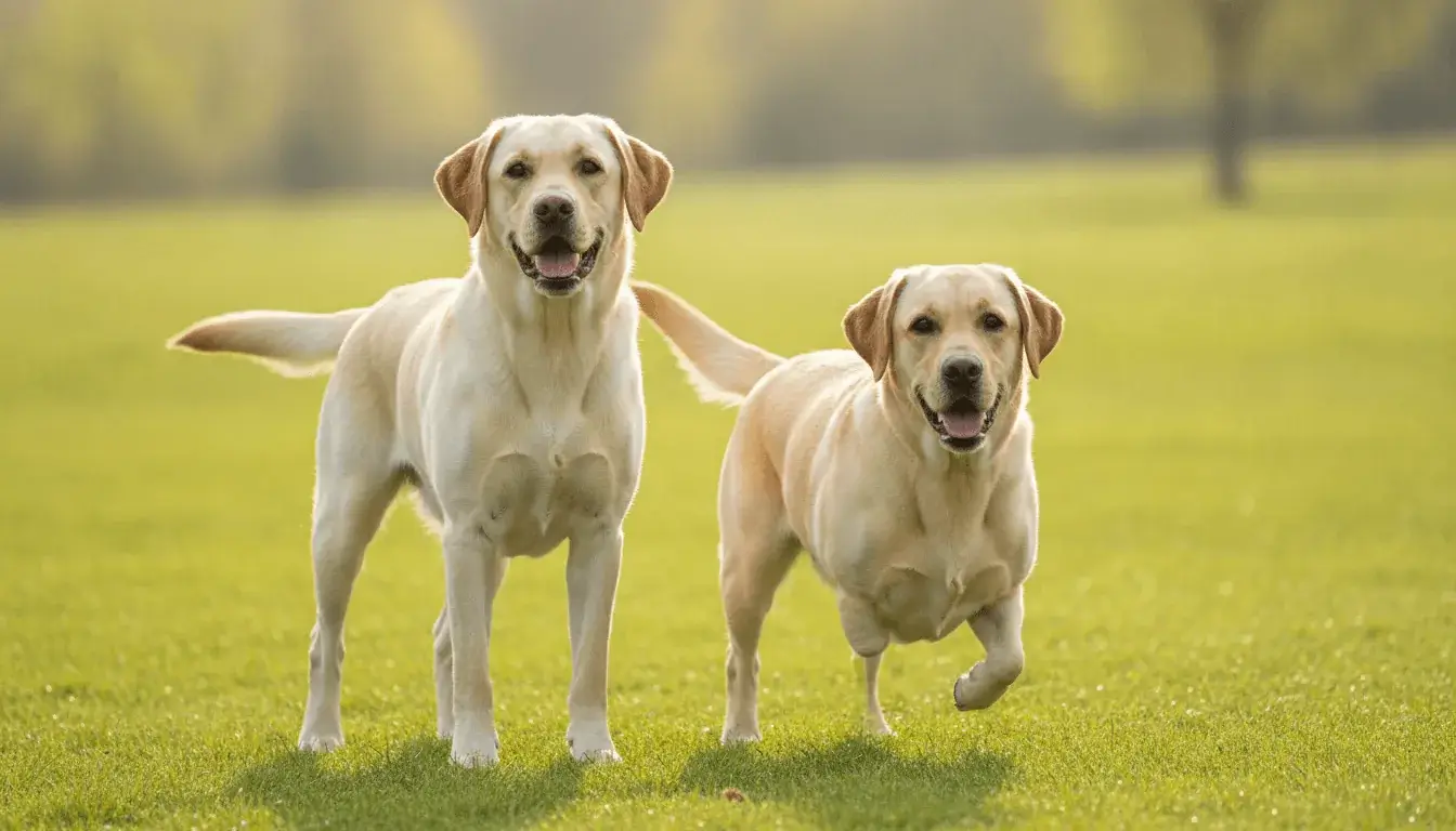Two adult Labrador Retrievers side by side, one with slightly shorter front legs than a typical Lab