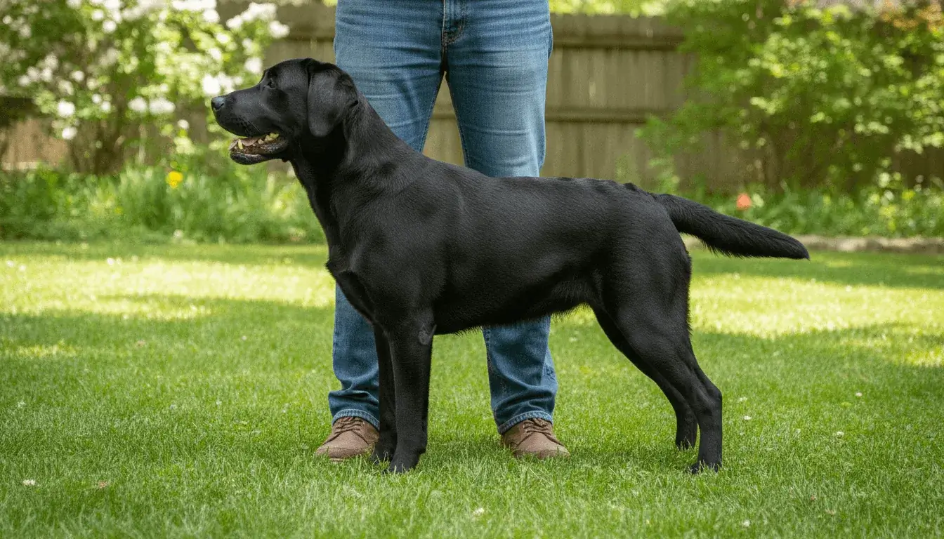 Full-grown Labrador Retriever in profile beside a person for scale, standard sporting size not a miniature labrador
