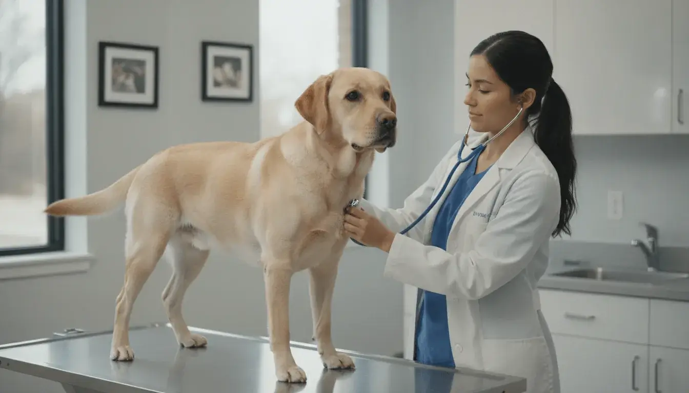 Healthy adult Labrador Retriever on a veterinary exam table during a routine checkup