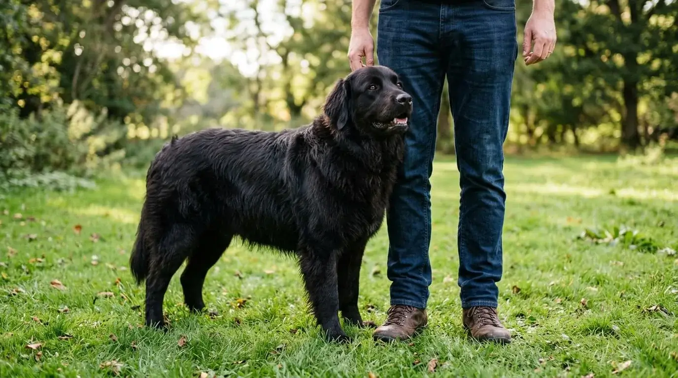 Large crossbred dog standing beside a person's legs so the adult size is clear