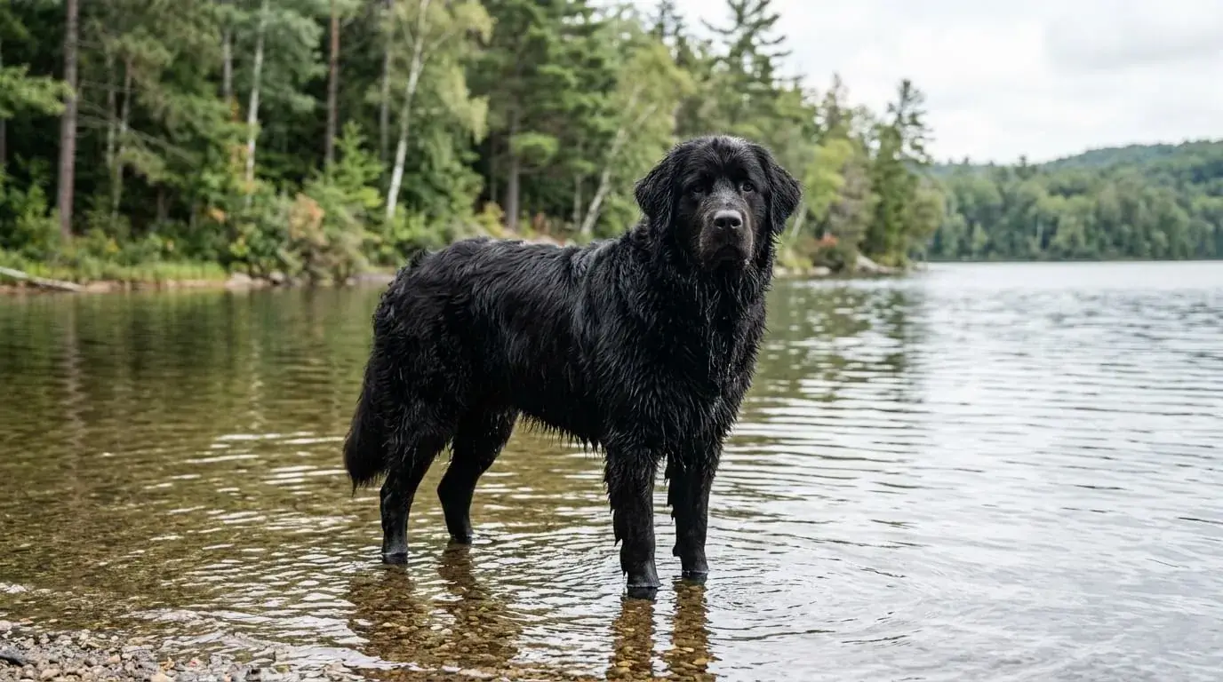 Large crossbred dog standing in shallow lake water at the shore