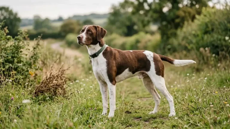 Adult pointer labrador mix standing in profile, lean hunting build and a Labrador-influenced head